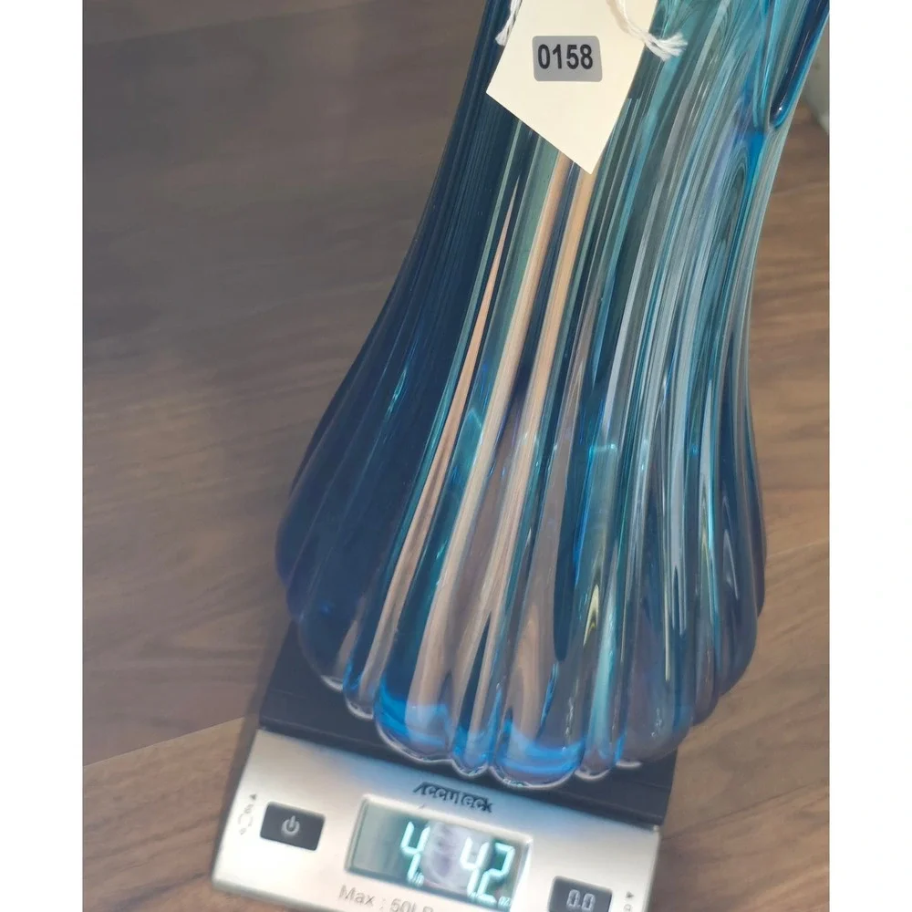 Vintage MCM‎ LE Smith Crystal Blue Swung Glass Ribbed Floor Vase 18 Inch